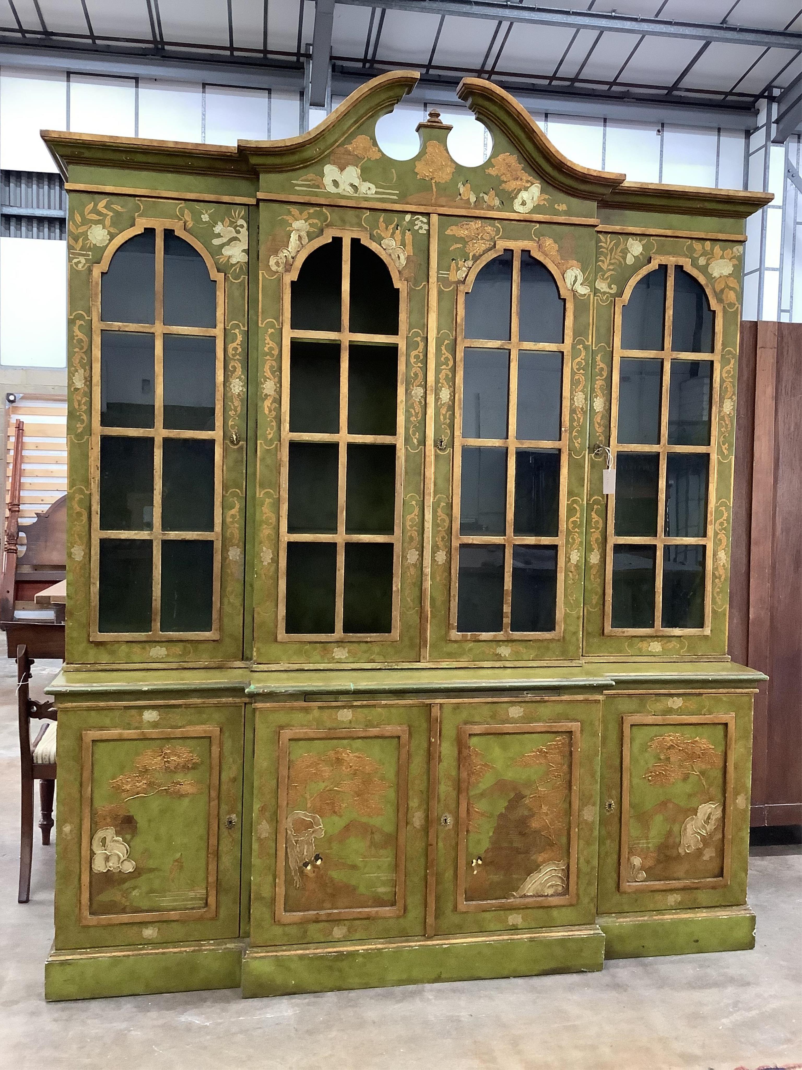 A George III style green chinoiserie lacquer breakfront library bookcase, width 196cm, depth 56cm, height 238cm. Condition - poor to fair